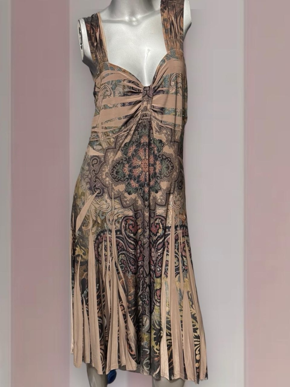 Y2K Reina brown and beige paisley print midi dress with fringe detail